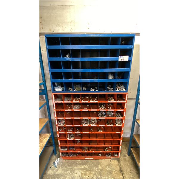 ORANGE METAL 72 SECTION PARTS STORAGE SHELF APPROX 35"W X 12"D X 42"H & BLUE 40 SECTION PARTS