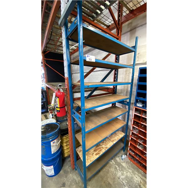 2 BLUE METAL ADJUSTABLE STORAGE SHELVES APPROX 39"W X 13"D X 84"H EACH