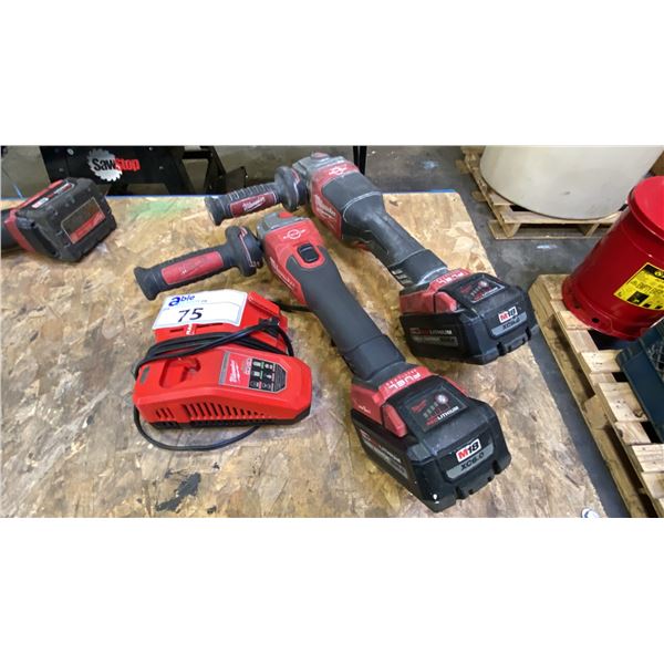 2 CORDLESS MILWAUKEE GRINDERS, 2 BATTERIES & 1 CHARGER