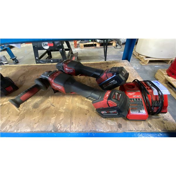 2 CORDLESS MILWAUKEE GRINDERS, 2 BATTERIES & 1 CHARGER