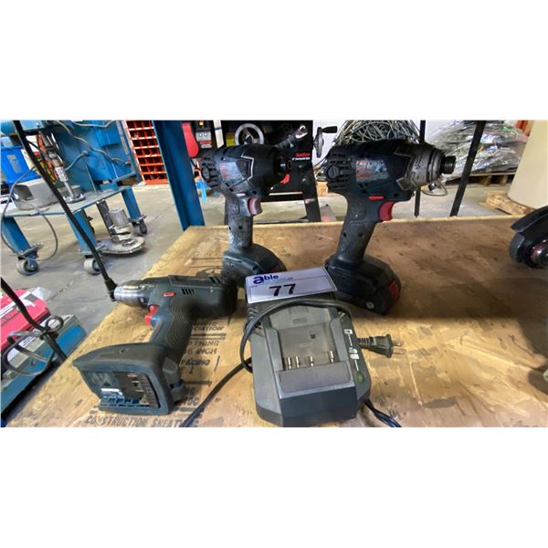 3 CORDLESS BOSCH DRILLS, 2 BATTERIES & 1 CHARGER