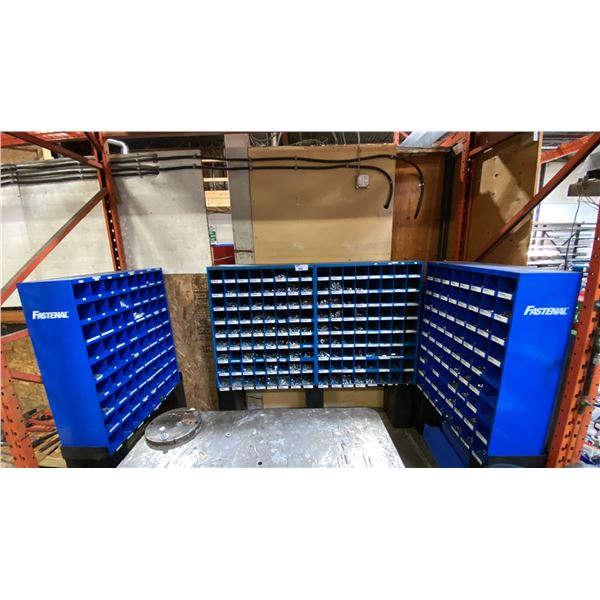 4 BLUE 72 SECTION METAL PARTS ORGANIZERS ON BLACK METAL STANDS *ASSORTED HARDWARE CONTENTS INCLUDED*