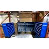 Image 1 : 4 BLUE 72 SECTION METAL PARTS ORGANIZERS ON BLACK METAL STANDS *ASSORTED HARDWARE CONTENTS INCLUDED*