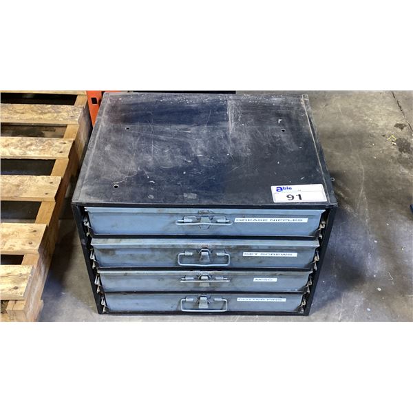 SMALL BLACK 4 DRAWER TOOL CHEST WITH ASSORTED CONTENTS- GREASE NIPPLES, SET SCREWS, COTTER PINS &