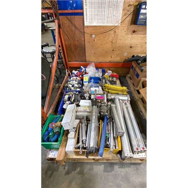 PALLET OF ASSORTED HYDRAULIC CYLINDERS, SOLENOID VALVES, FLOW METERS, GAUGES & MORE