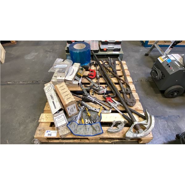 PALLET OF ASSORTED PIPE BENDING TOOLS, CLAMPS, CUTTERS, PRY BARS, BELT FASTENERS, ROLLS OF AIR
