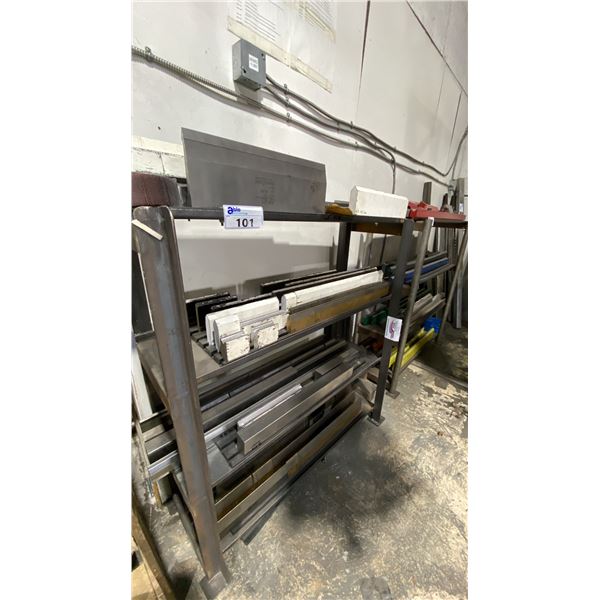2 METAL 4 TIER MATERIAL RACKS WITH ASSORTED BRAKE PRESS DIES