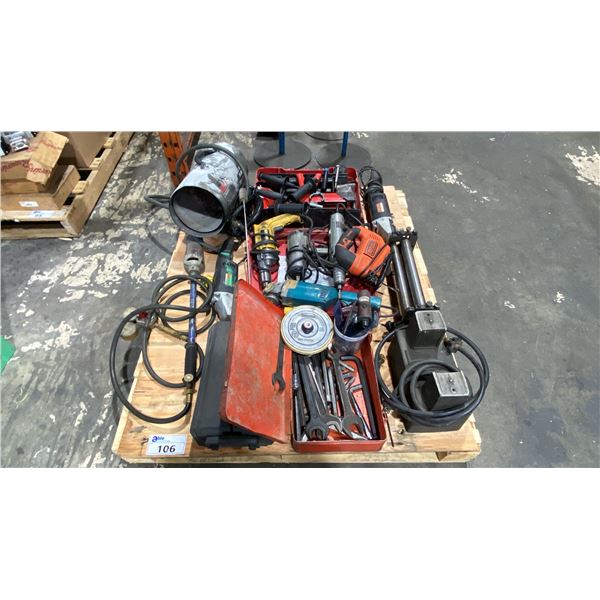 PALLET OF ASSORTED POWER TOOLS, HAND TOOLS, HEAT STAR JOB HEATER, TORCH, INDUCTION BEARING HEATER,