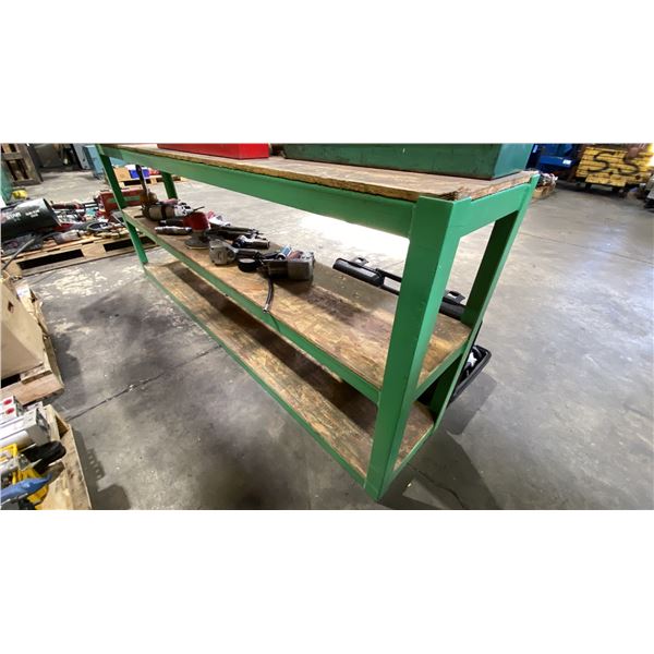 GREEN METAL 3 TIER SHELVING UNIT WITH WOODEN SHELVES APPROX 84"L X 14"D X 32"H