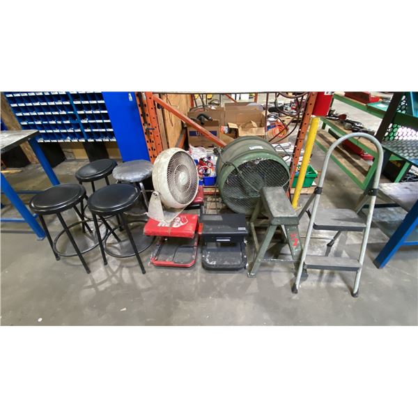 GROUP OF 4 ASSORTED STOOLS, 3 MECHANIC ROLLING STOOLS, 2 FANS & SMALL STEP FEATHERLITE STEP LADDER
