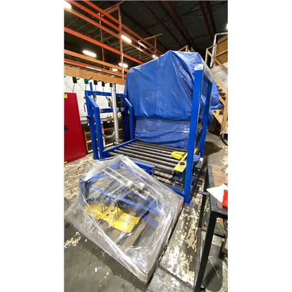 INDUSTRIAL PNEUMATIC POWERED TOTE FILLING MACHINE WITH APPROX 70' OF ASSEMBLY LINE ROLLERS