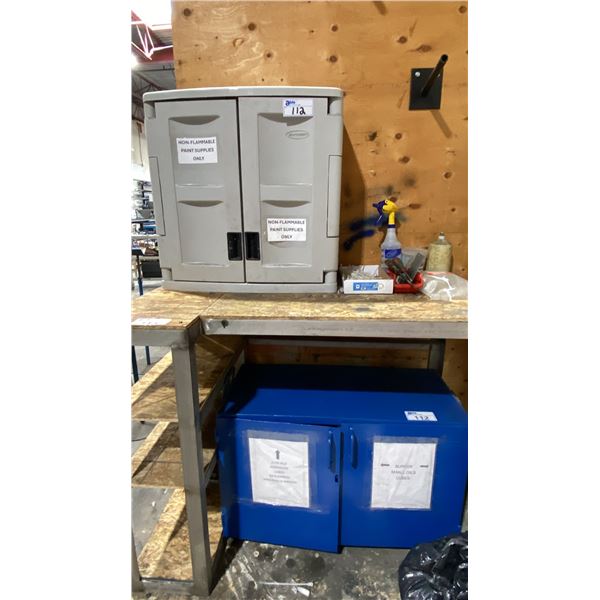 SUNCAST PLASTIC STORAGE CABINET & BLUE METAL STORAGE CABINET