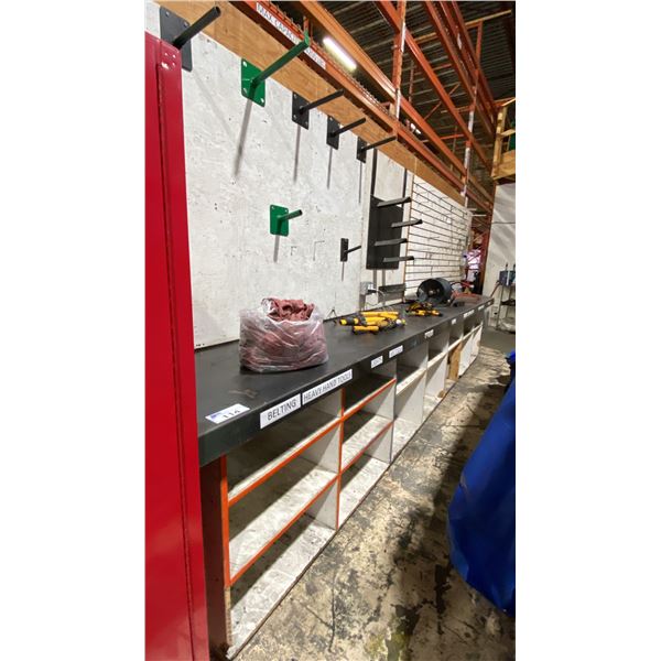 LARGE METAL TOP STORAGE WORKBENCH WITH WOODEN BACKBOARD APPROX 18'L X 2'D X 7'H