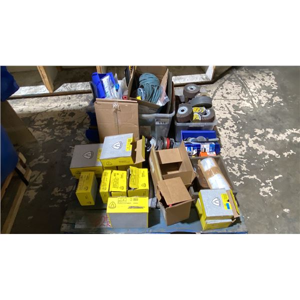 PALLET OF ASSORTED WIRE WHEELS, ABRASIVE GRINDING DISCS, SAW BLADES & MORE