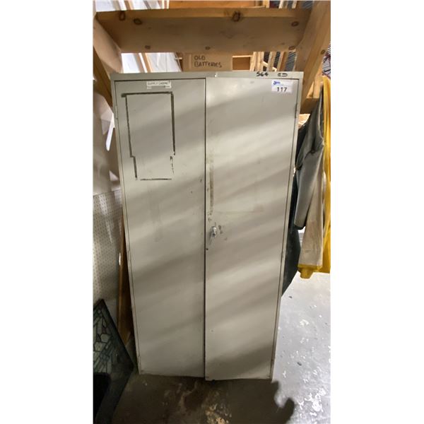 GREY 2 DOOR METAL SUPPLY CABINET WITH ASSORTED PPE CONTENTS- MASKS, FILTERS, SAFETY GLASSES, GLOVES