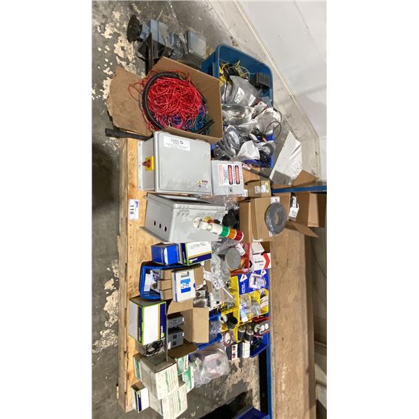 PALLET OF ASSORTED ELECTRICAL HARDWARE, SWITCHES, CONNECTORS, WIRING, HIGH VOLTAGE BOXES & MORE
