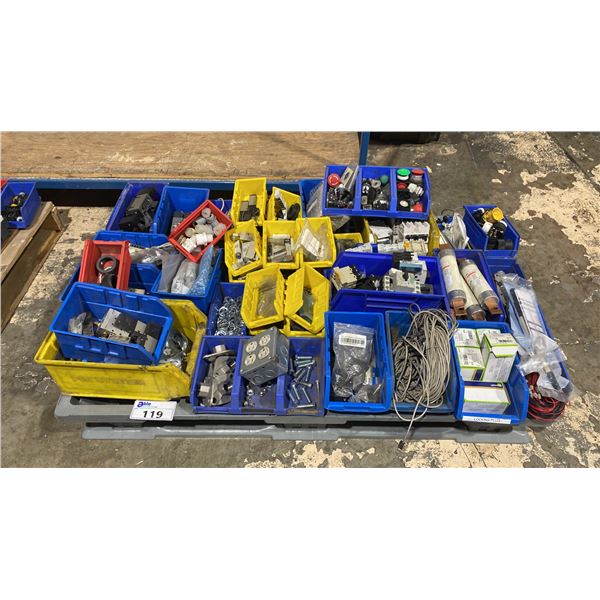 PALLET OF ASSORTED ELECTRICAL HARDWARE, SWITCHES, WIRING, PLUGS, SOCKETS & MORE