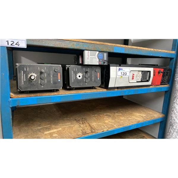 SHELF OF ASSORTED 3 PHASE DRIVES & ASSORTED PANEL WIRE CABLE DUCTS