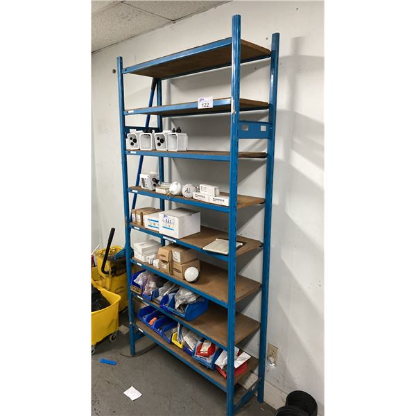 BLUE WELDED METAL 8 TIER STORAGE SHELVING UNIT APPROX 39"W X 13"D X 84"H *CONTENTS NOT INCLUDED*