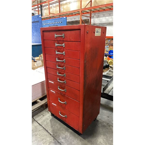 10 DRAWER RED MOBILE TOOL BOX APPROX 26"W X 18"D X 53"H