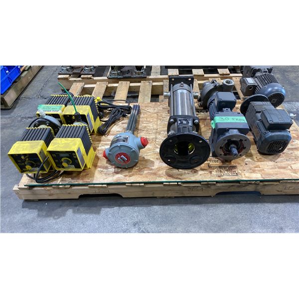 PALLET OF ASSORTED PUMPS, ELECTRIC MOTORS & IMMERSION HEATER