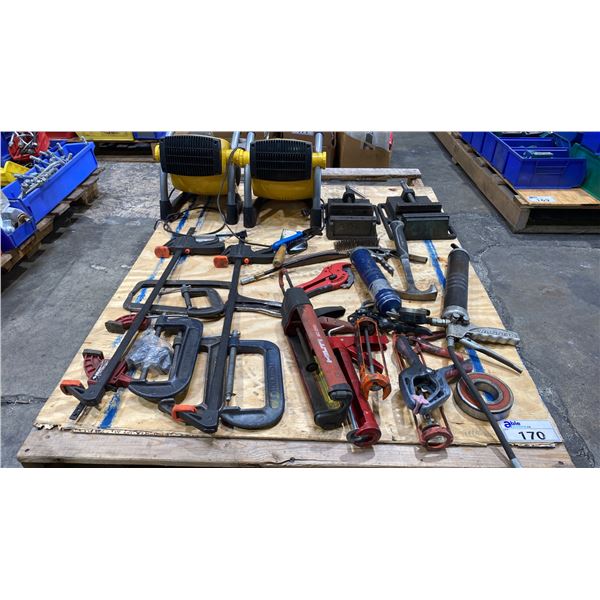 PALLET OF ASSORTED CLAMPS, STANLEY HEATERS, DRILL PRESS VISES, HAND TOOLS, APPLICATOR GUNS & MORE