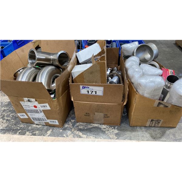 3 BOXES OF STAINLESS STEEL PIPE FITTINGS & CLAMPS