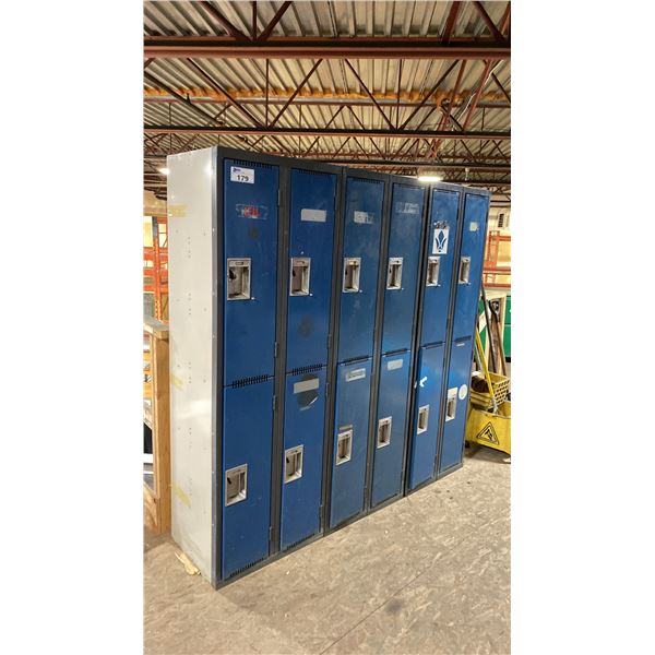 3 PC 4 DOOR EACH BLUE METAL LOCKERS APPROX 24"W X 18"D X 72" H EACH UNIT, 12 LOCKERS TOTAL