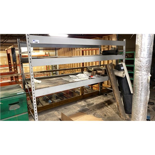 GREY ADJUSTABLE METAL SHELVING UNIT WITH PLYWOOD SHELVING WITH ASSORTED RUBBER MATERIAL CONTENTS