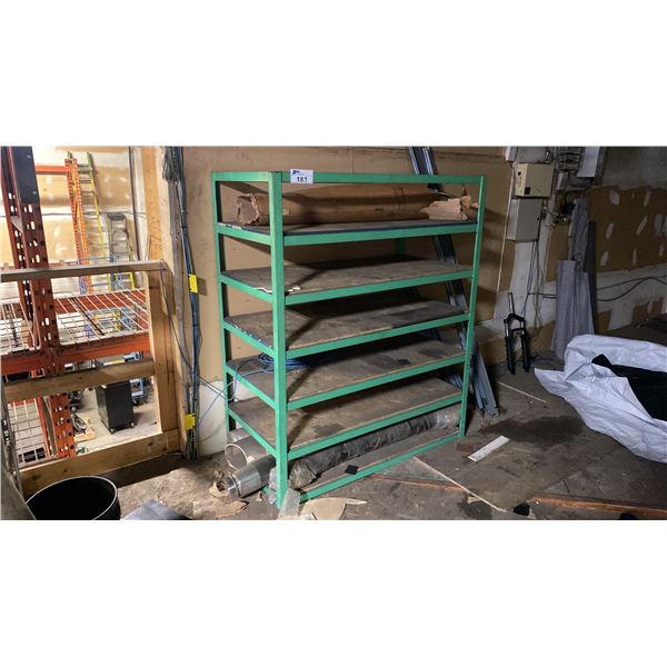 GREEN METAL SHELVING UNIT WITH PLYWOOD SHELVING & ASSORTED MATERIAL CONTENTS