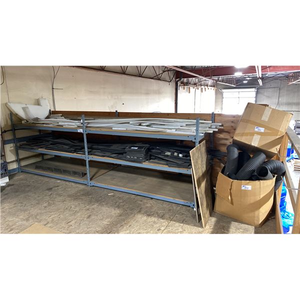 GREY METAL ADJUSTABLE SHELVING UNIT WITH ASSORTED WHIT/BLACK PLASTIC MATERIAL & 2 BOXES OF