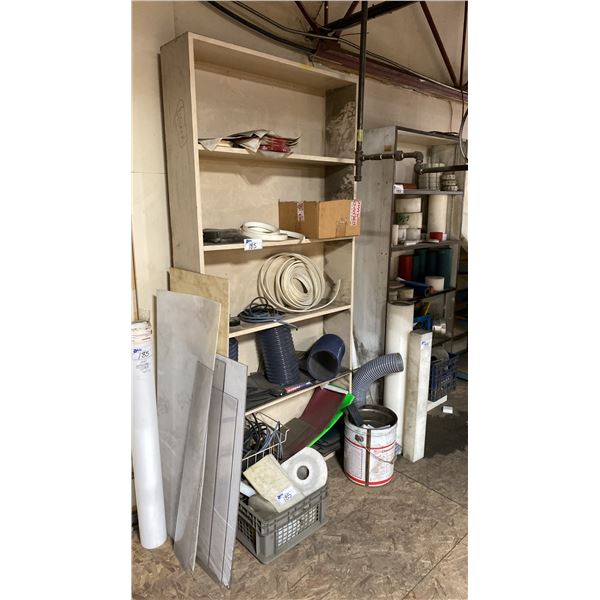 2 WOODEN BOOKSHELVES WITH ASSORTED PLASTIC, VENTING, TRIM & MORE