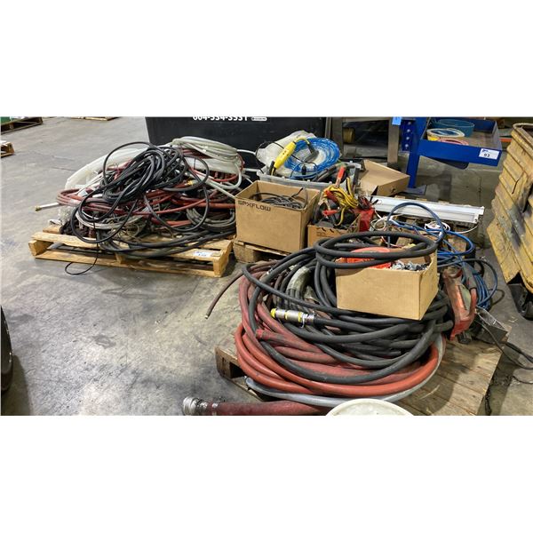 3 PALLETS OF ASSORTED HOSE, ELECTRICAL CORDS, BANDING CLIPS, TWINE, BATTERY CHARGERS, LIGHTS,