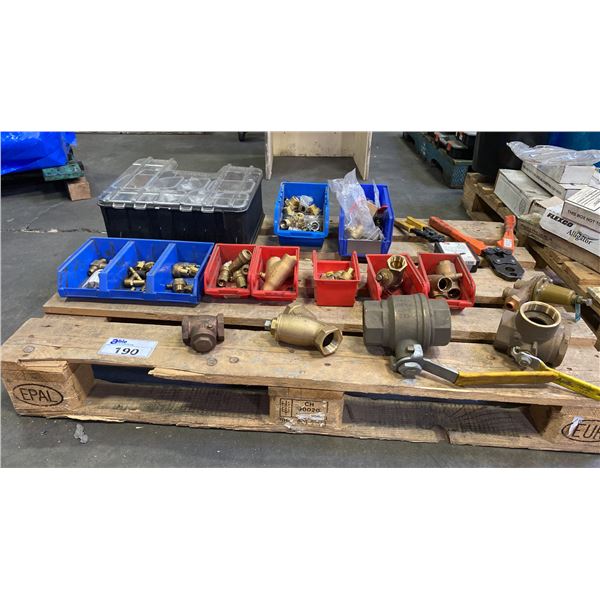 PALLET OF ASSORTED BRASS FITTINGS, SHUT OFFS & CRIMPER TOOLS
