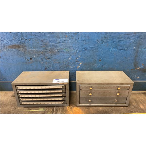 2 HUOT GREY METAL BENCH TOP DRILL BIT STORAGE CABINETS WITH ASSORTED DRILL BIT CONTENTS