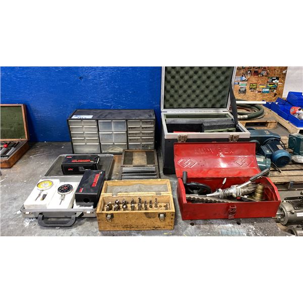 END MILL SET, DIAL INDICATORS, BRAKE CYLINDER HONE TOOL, LEVELS & ASSORTED TOOLS