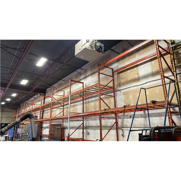 19 BAYS OF ORANGE INDUSTRIAL PALLET RACKING WITH MESH DECKING APPROX 22- 16' UPRIGHTS,