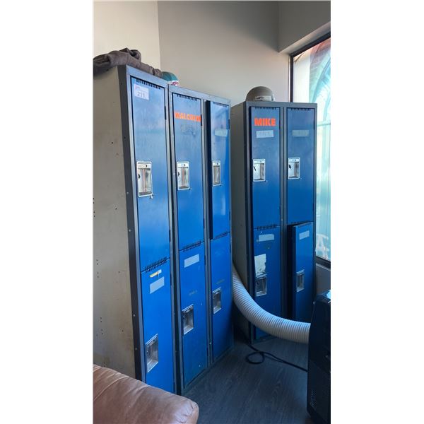 3 PC BLUE METAL LOCKER SET- 10 DOORS TOTAL MEASURES APPROX 5' ACROSS TOTAL, 18"D X 6'H