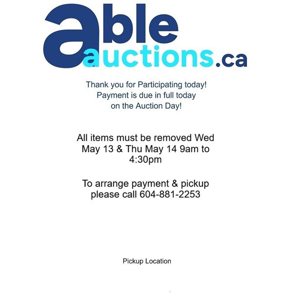 All items must be removed Wed May 13 & Thu May 14 9am to 4:30pm