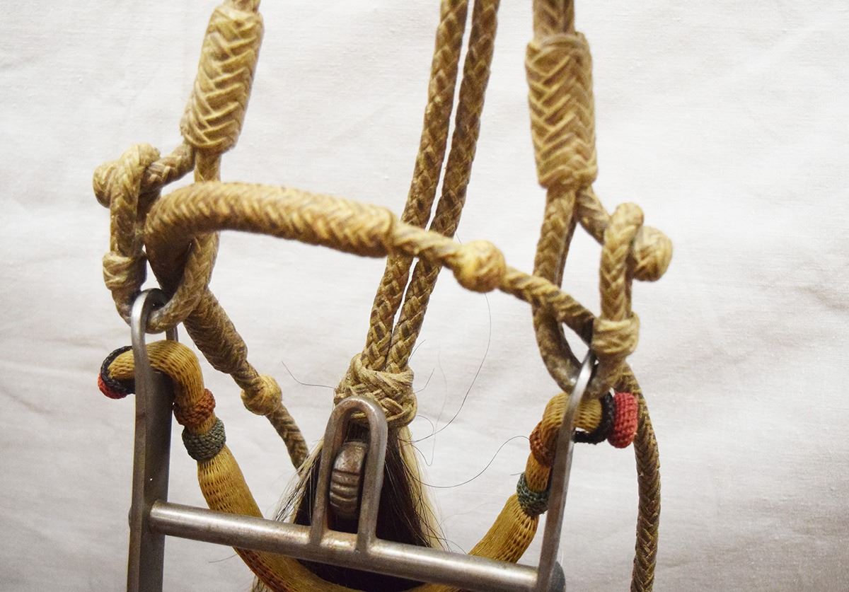 Wyoming State Pennitentary silver inlaid bit w/rawhide braided bridle