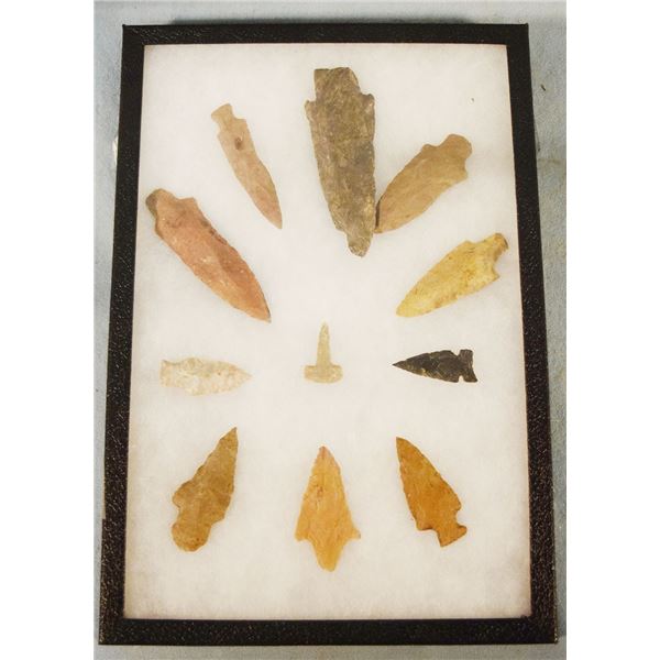 Riker Case: 11 pcs Northern Plains points, scrapers anda a drill,