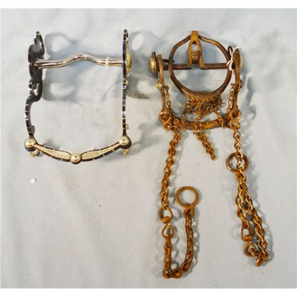 2 bits: Vintage iron mexican ring bit & unmarked inlaid silver curb bit