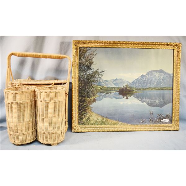 (2) pcs: Vintage wicker picnic basket & photo of a mountain lake