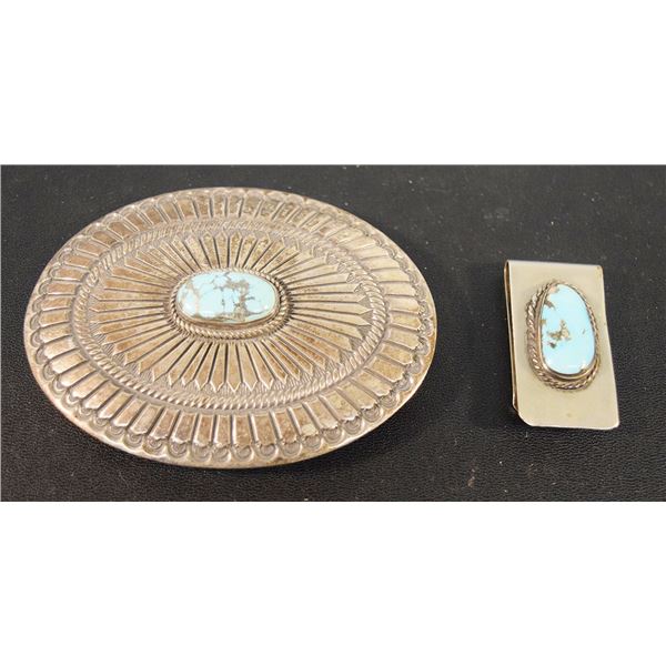 2 pcs: Turquoise belt buckle & money clip