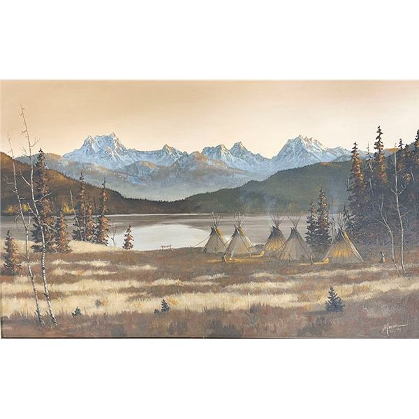 Monroe, Bob, original oil on canvas, Teepee Village at Dawn