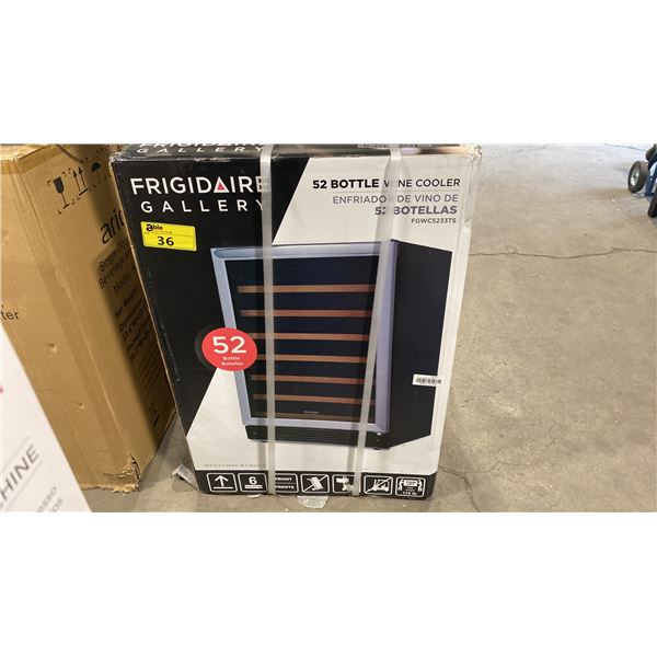 FRIGIDAIRE GALLERY MODEL FGWC5233TS. STAINLESS STEEL 52 BOTTLE WINE COOLER WITH NATRUAL WOOD TRIM