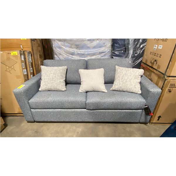 DECOR-REST TRANSFORMER BLUE MULTITONE FABRIC HIDE-A-BED 2 SEAT SOFA WITH 3 THROW CUSHIONS