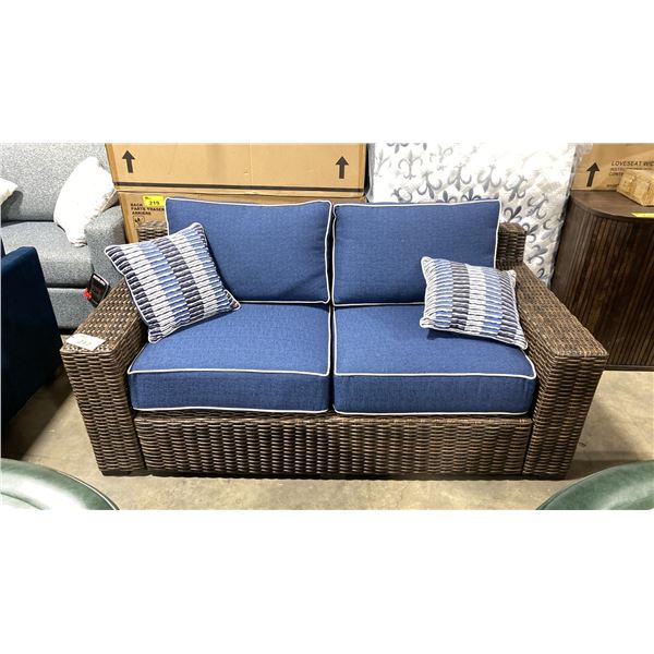 ASHLEY SIGNATURE DESIGN BROWN PLASTIC RATTAN BLUE CUSHION 2 SEAT OUTDOOR PATIO SOFA