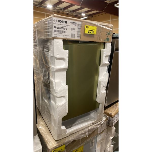 BOSCH MODEL SPE53C55UC. 300 SERIES HIGH PERFORMANCE 18" BUILT IN SMART DISHWASHER, 46 DBA, BRUSHED
