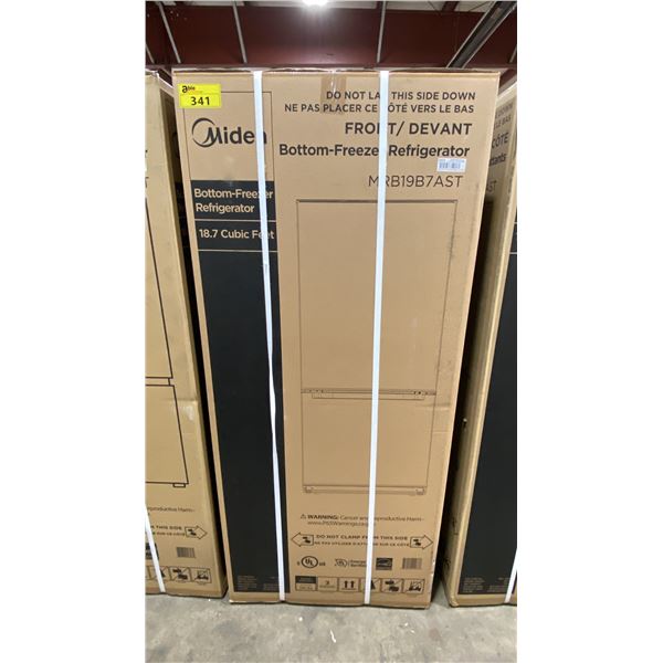MIDEA MODEL MRB19B7AST. STAINLESS STEEL 30" 18.7 CU FT GARAGE READY BOTTOM FREEZER REFRIGERATOR